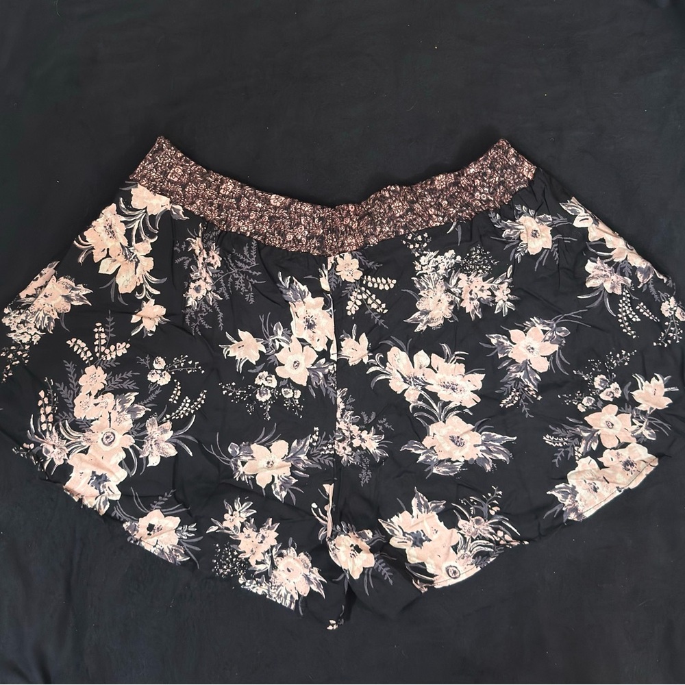 Angie Black Floral Lounge Shorts with Blush Flowers